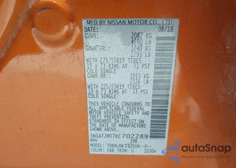 2019 Nissan Rogue Sl z USA, uszkodzony, nr VIN 5N1AT2MT7KC702289